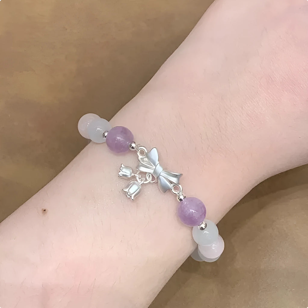 Lavender purple opal bracelet with bowknot design and 10mm crystal beads