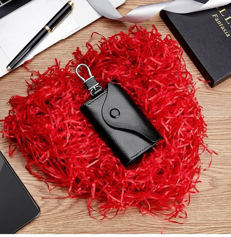 Genuine leather key case in square vertical Korean style with key mapping, shown in black.