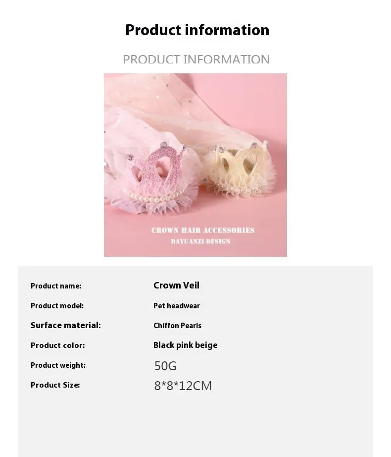 Pet princess crown headdress with veil in cotton polyester material, beige and pink colour options
