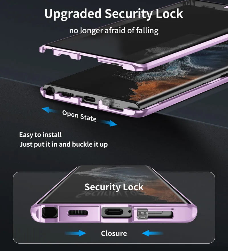 Black magnetic phone case with a peep-proof mirror for Samsung Galaxy models on a magnetic mount.