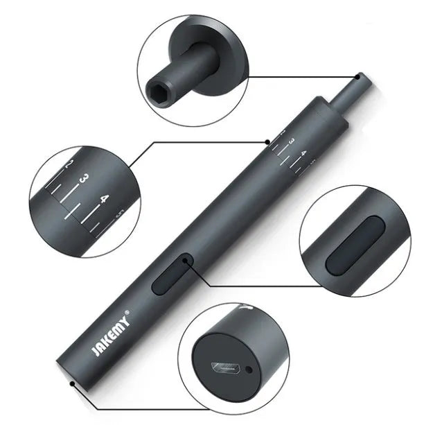Black pen-style mini electric screwdriver with aluminium casing and micro USB charging port.