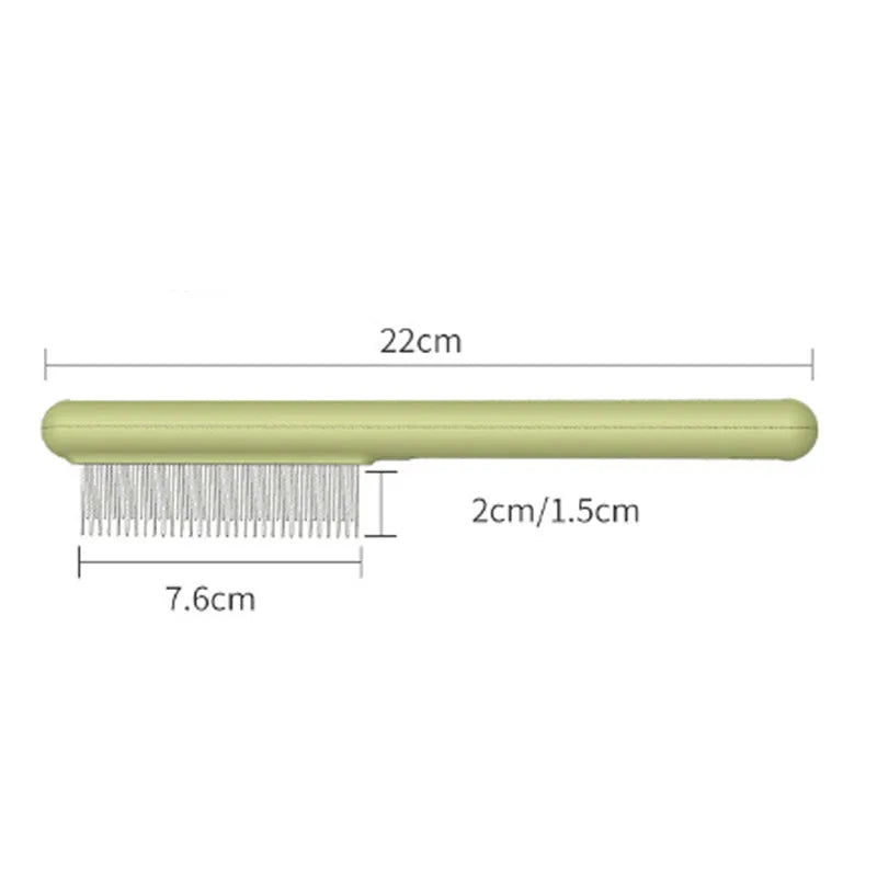 Green and white stainless steel cat comb with rounded teeth for grooming and flea removal