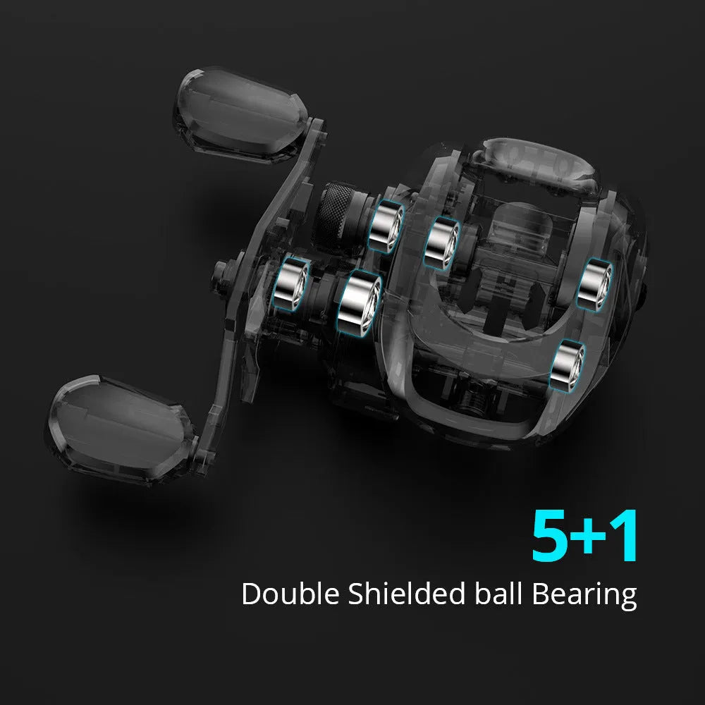 Drip wheel fishing reel with rocking wheel line system, shown in left-handed and right-handed options.