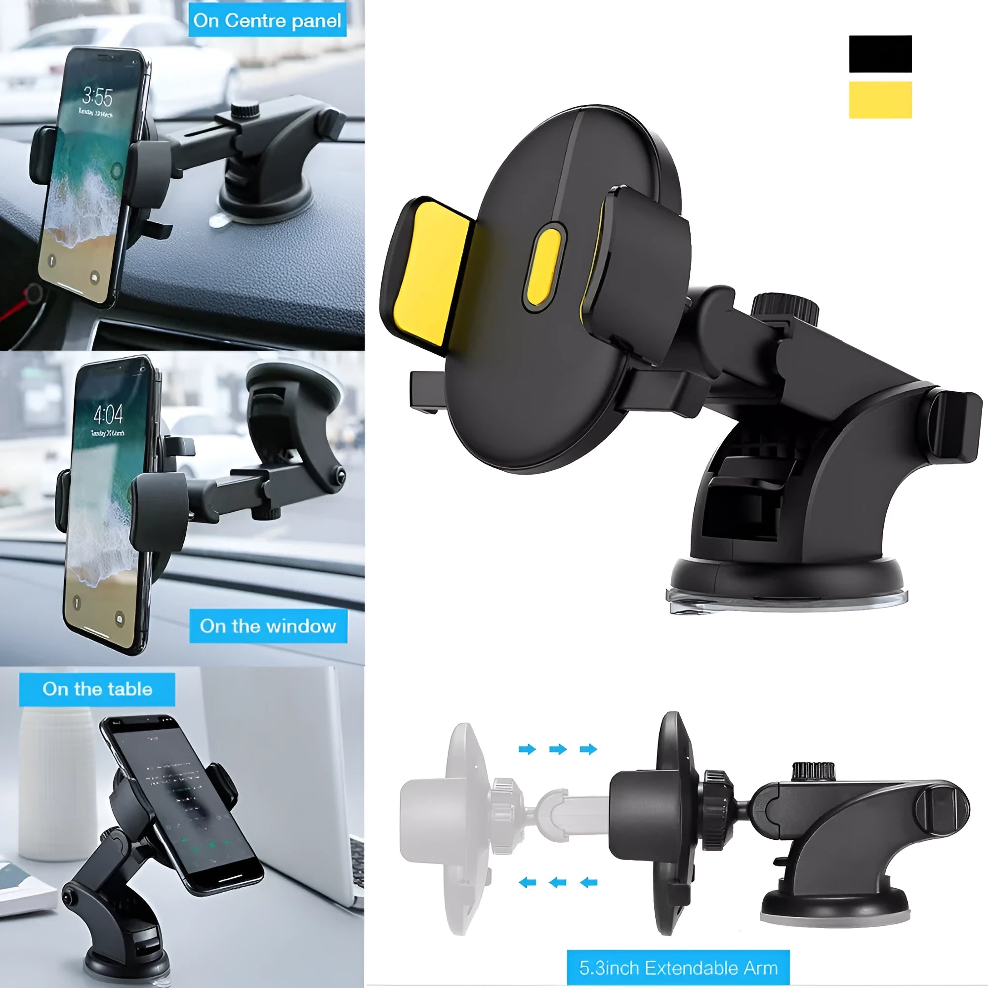 Black telescopic car phone holder with suction cup mount extended on a car dashboard.
