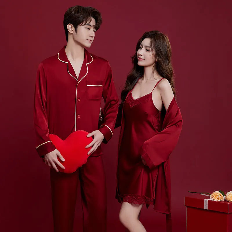 Red silk pyjama set for men and women with long sleeves and trousers