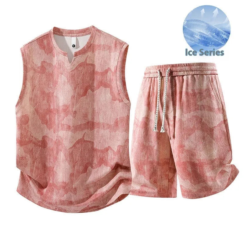 Sleeveless vest and shorts two-piece suit for larger sizes in quick-drying hemp-blend fabric