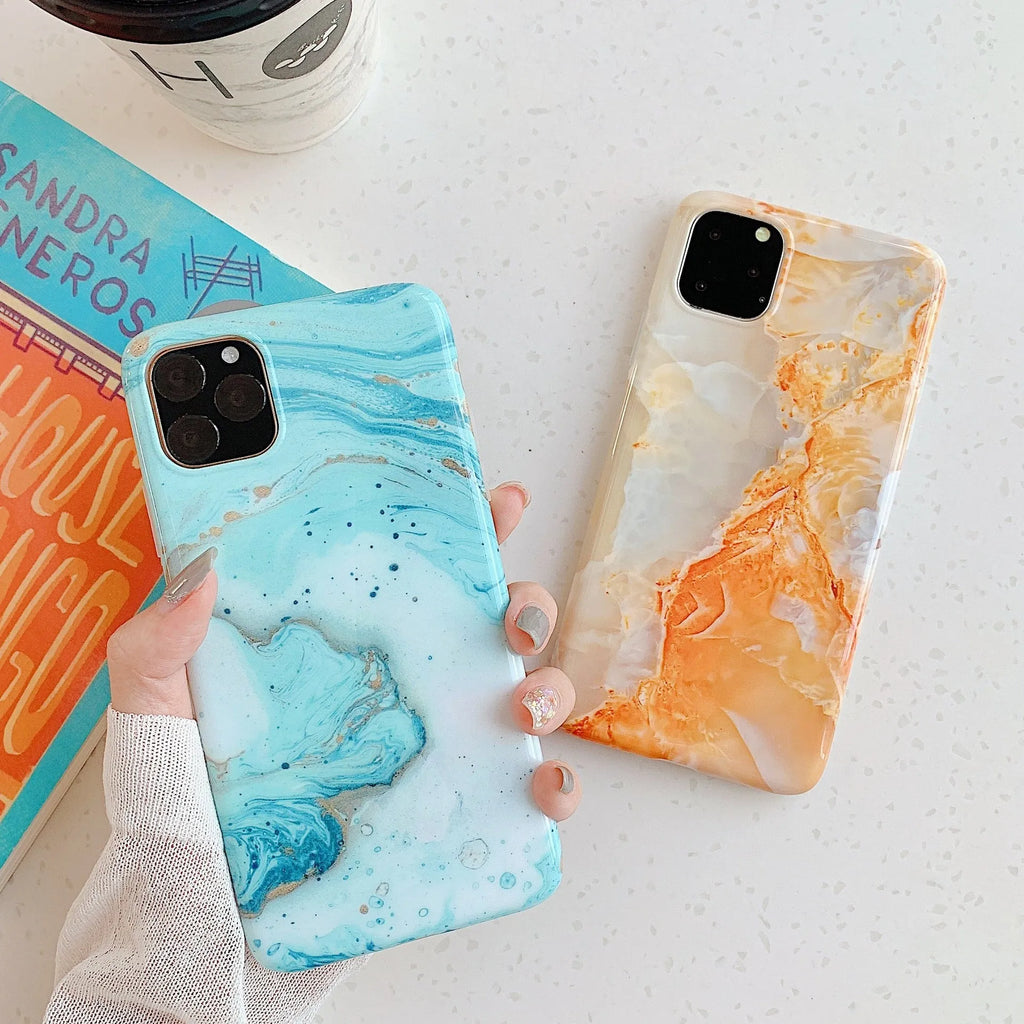 Frosty marble silicone phone case for iPhone, black back cover with geometric pattern