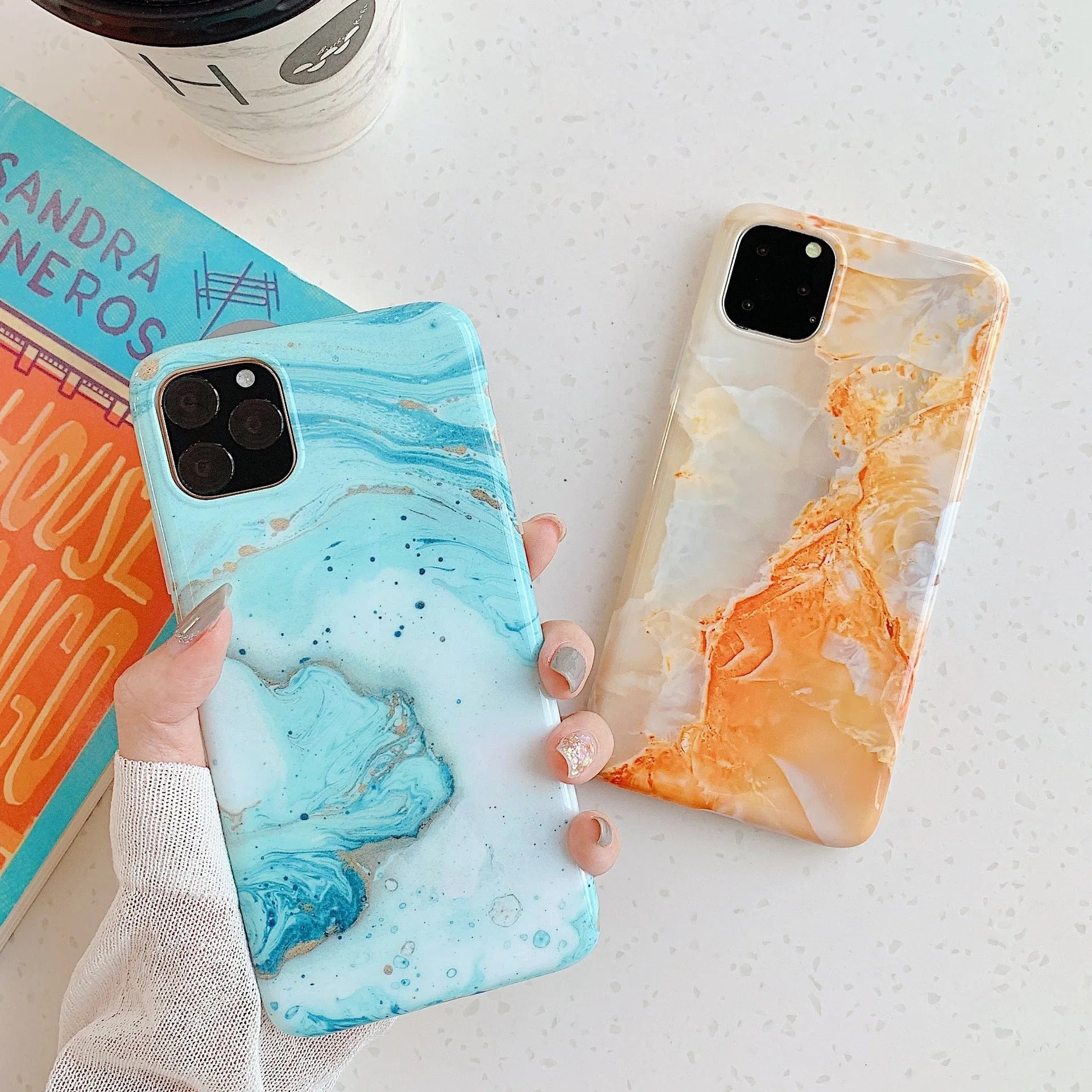 Frosty marble silicone phone case for iPhone, black back cover with geometric pattern