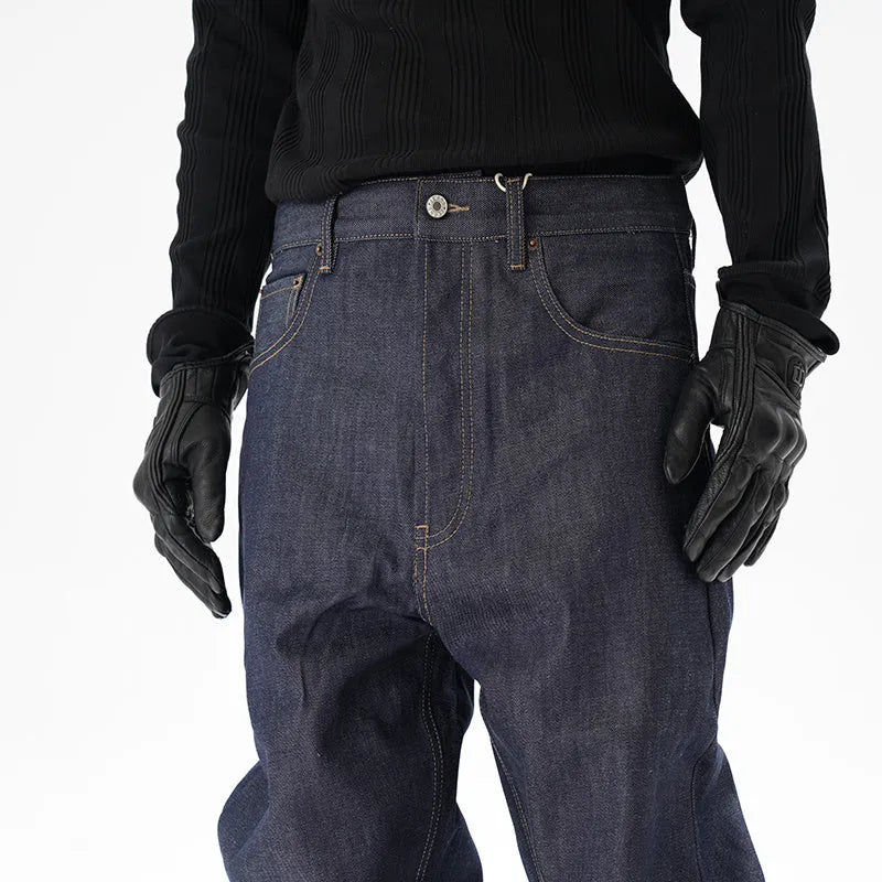 A pair of dark blue casual loose straight-cut jeans on a plain background.