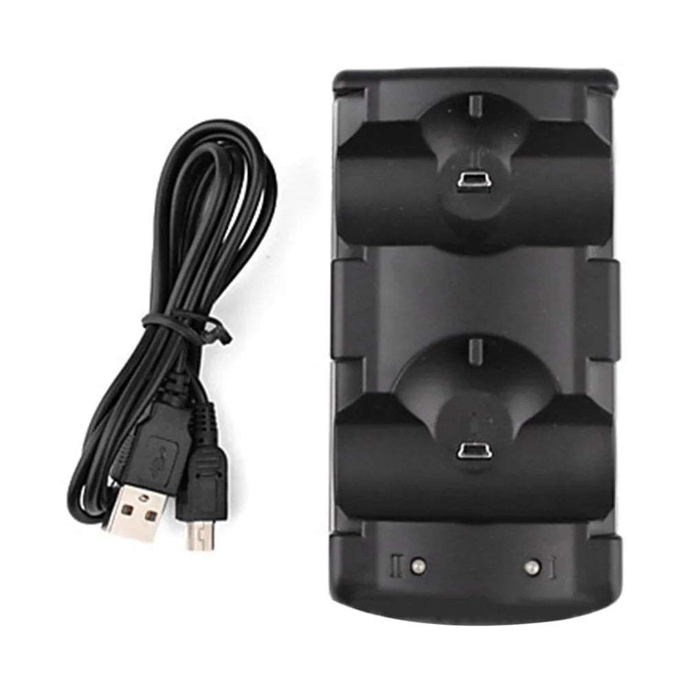 Black plastic dual USB charging dock for PlayStation 3 wireless controllers.