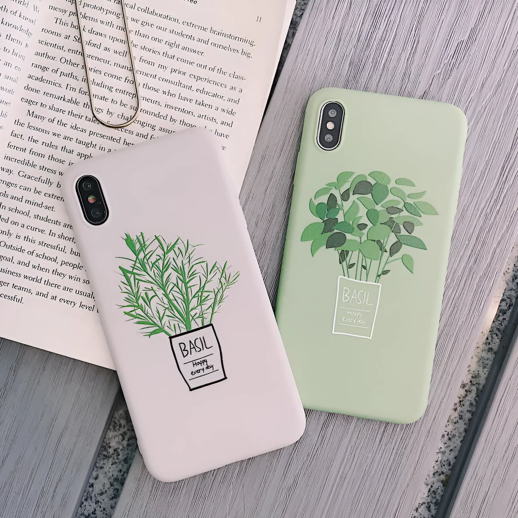 White silicone iPhone case with painted plant design showing 360-degree edge protection