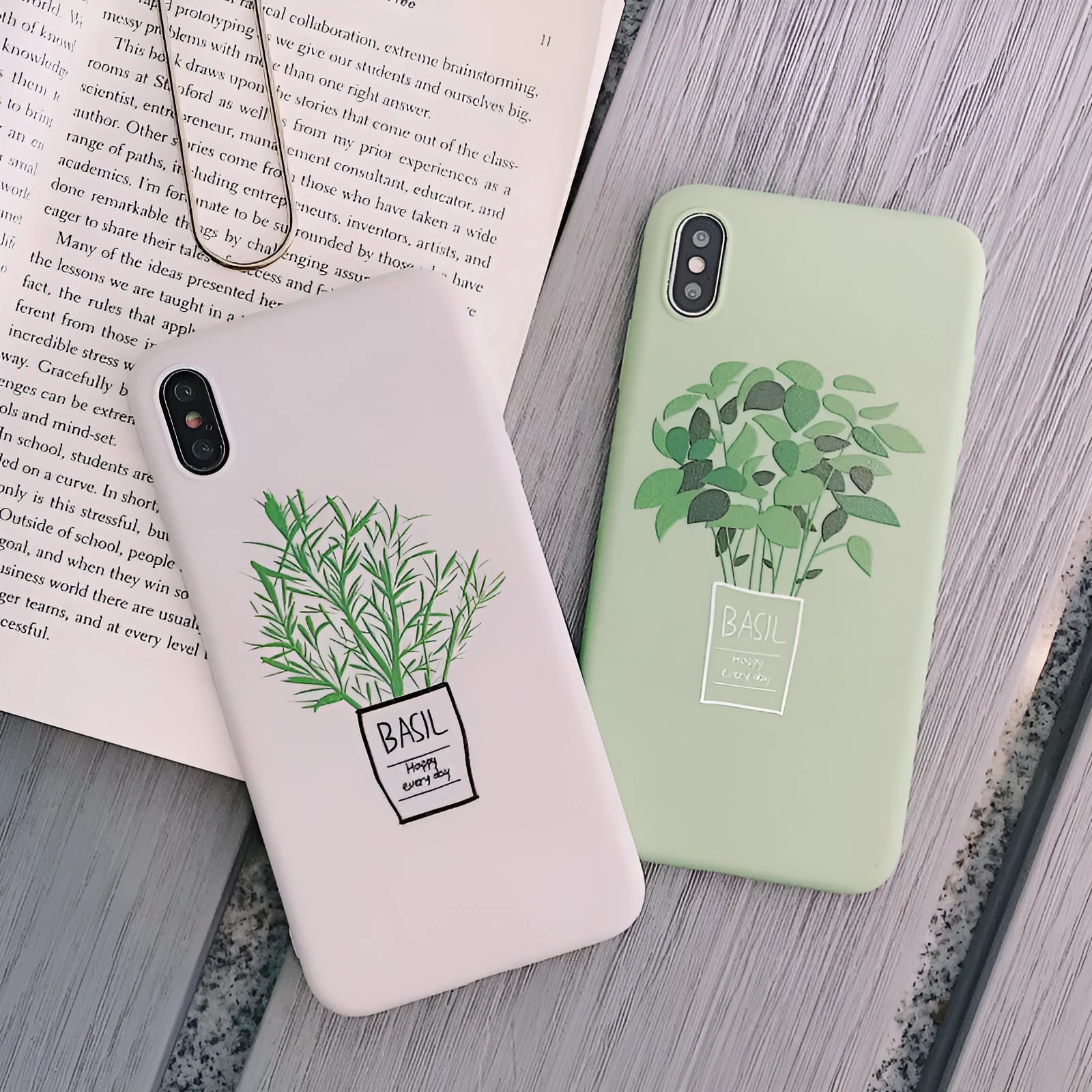 White silicone iPhone case with painted plant design showing 360-degree edge protection