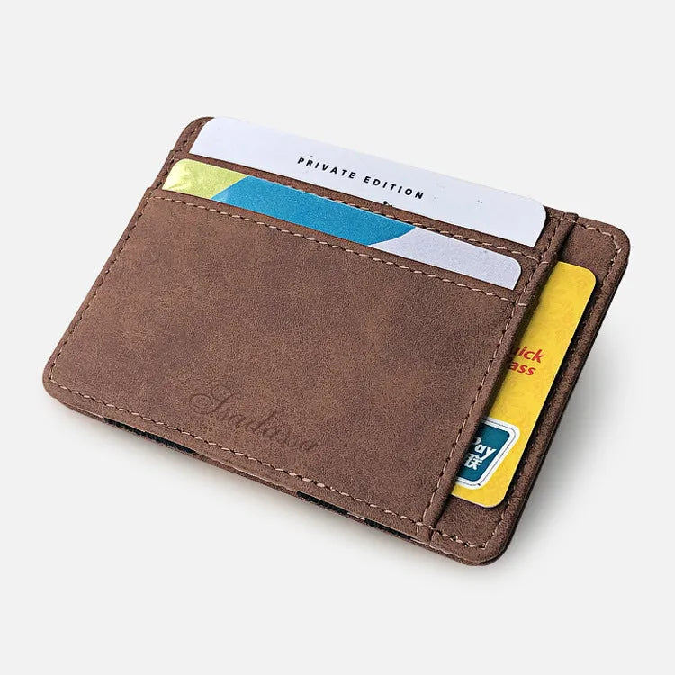 Korean style matte leather magic wallet in horizontal square shape, showing coin pocket and sewing line details.