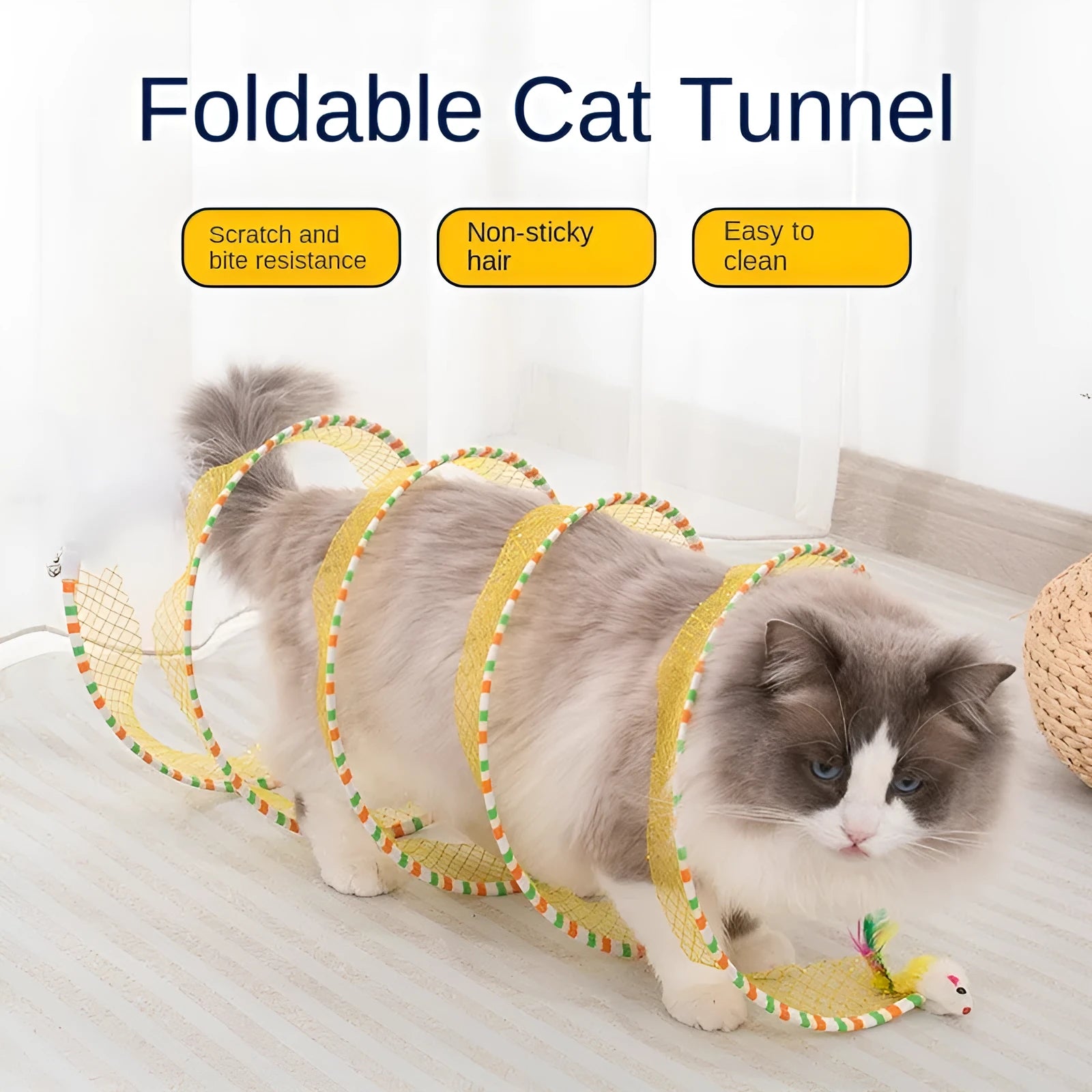 Cat toy bundle with blue tunnel, long-pole teasing stick and feather attachments
