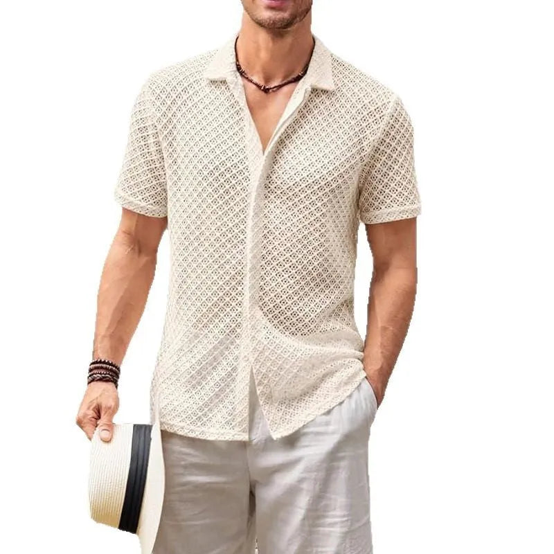 Men's beige short sleeve mesh cardigan shirt with lapel collar laid flat.