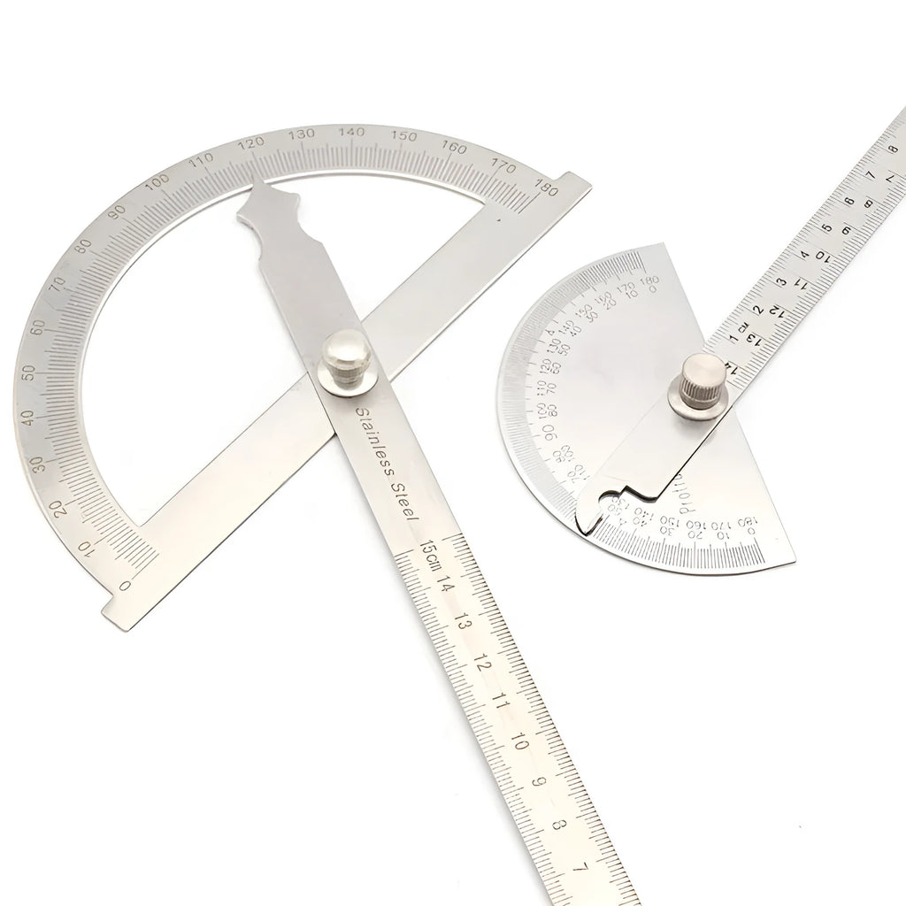 Clear plastic adjustable protractor showing angle measurement scale and two size options