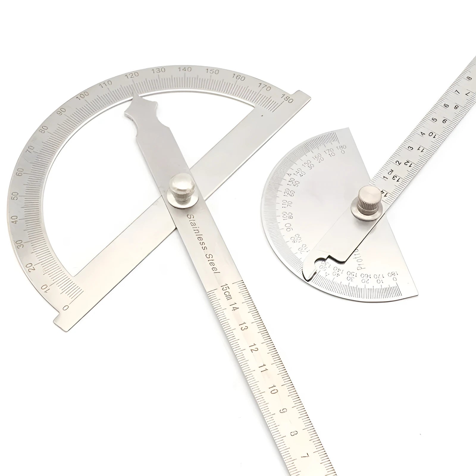 Clear plastic adjustable protractor showing angle measurement scale and two size options