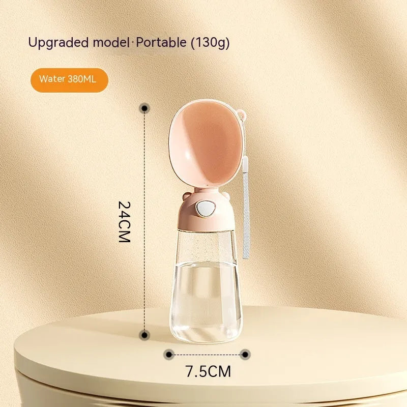 Portable dog water bottle and feeder bowl in PP plastic for outdoor travel, shown in yellow, pink, or brown.