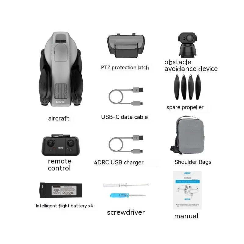 White folding quadcopter drone with obstacle avoidance sensors and 4K camera shown in compact 30-50cm size