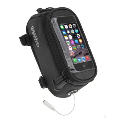 ROSWHEEL black PVC bicycle frame phone bag holder mounted on a bike, showing iPhone compatibility.