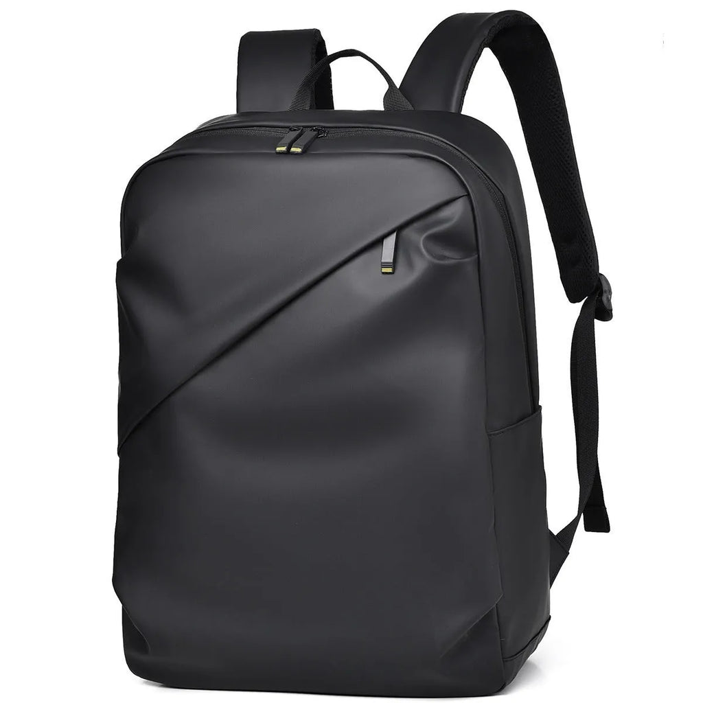 Large black waterproof PU leather backpack for men with prominent stitching, shown next to blue and grey colour options.