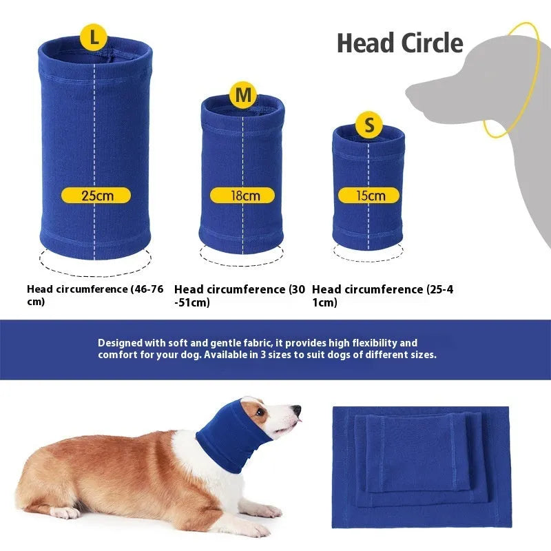 Blue and grey polyester dog headband scarf in comforter style showing S M L size options