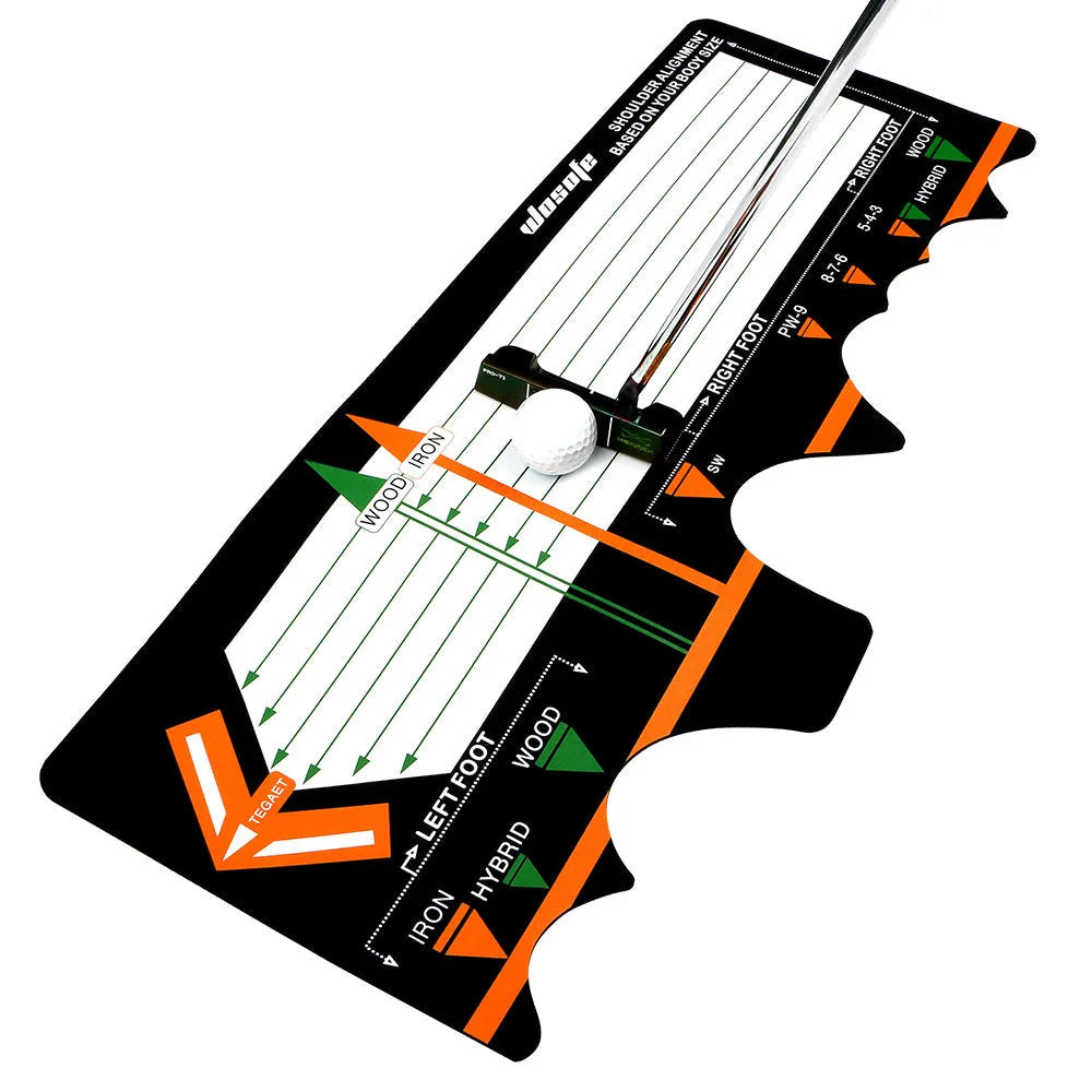Black neoprene golf swing stance training pad on a green surface.