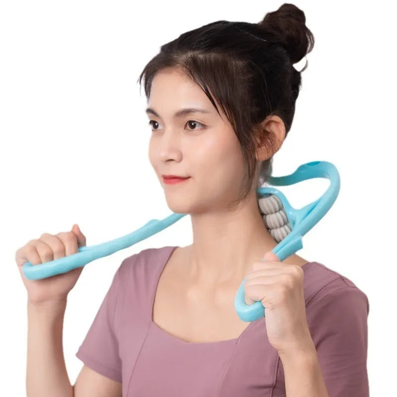 Blue plastic handheld massage roller with six wheels for neck, shoulder, and back muscle relief.