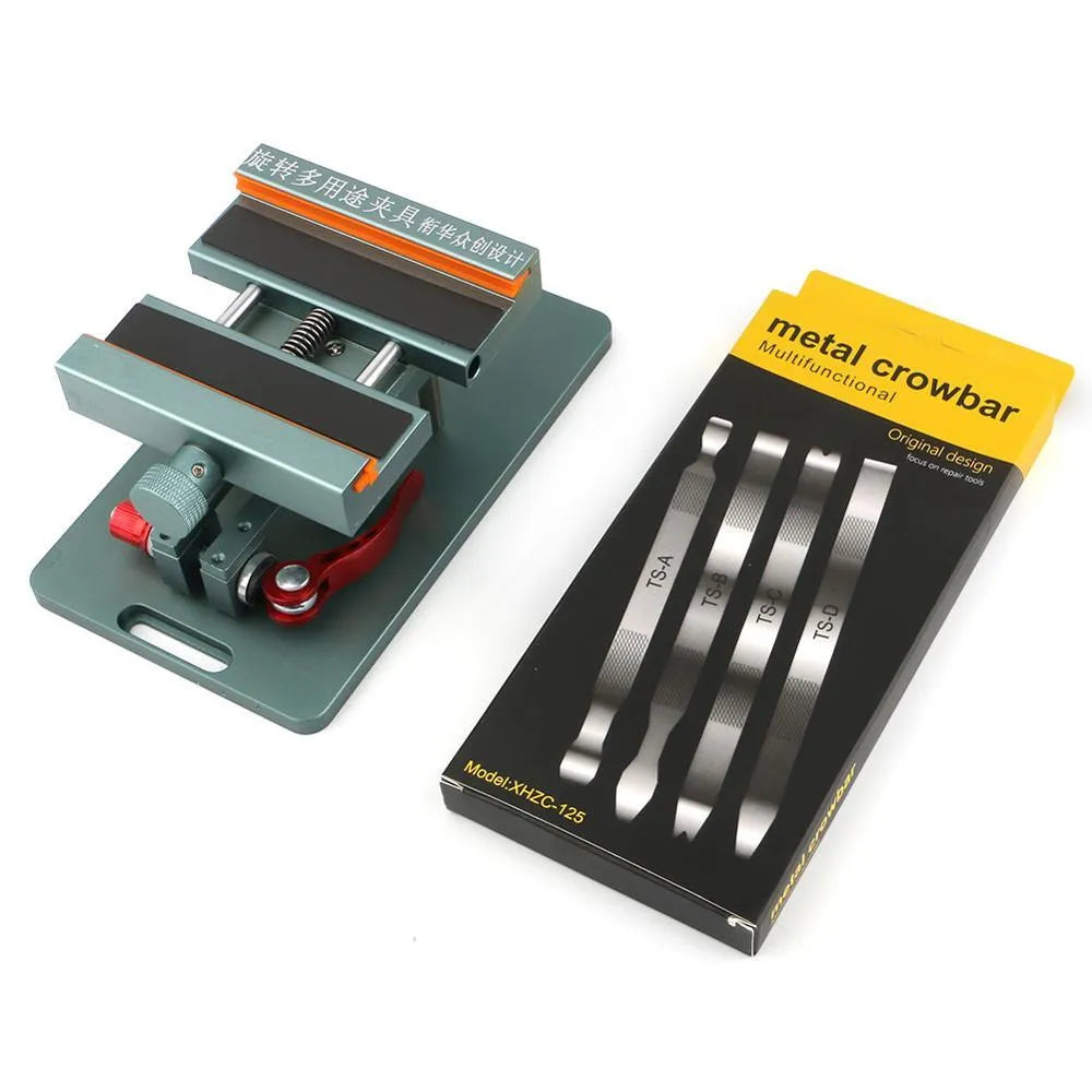 Mobile phone repair fixture with adjustable clamp and silicone grip for glass removal