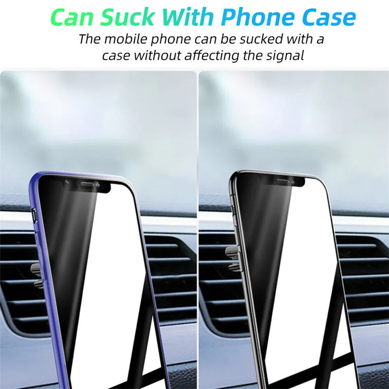 Black magnetic car phone holder with perfume slices, clipped on a car air vent