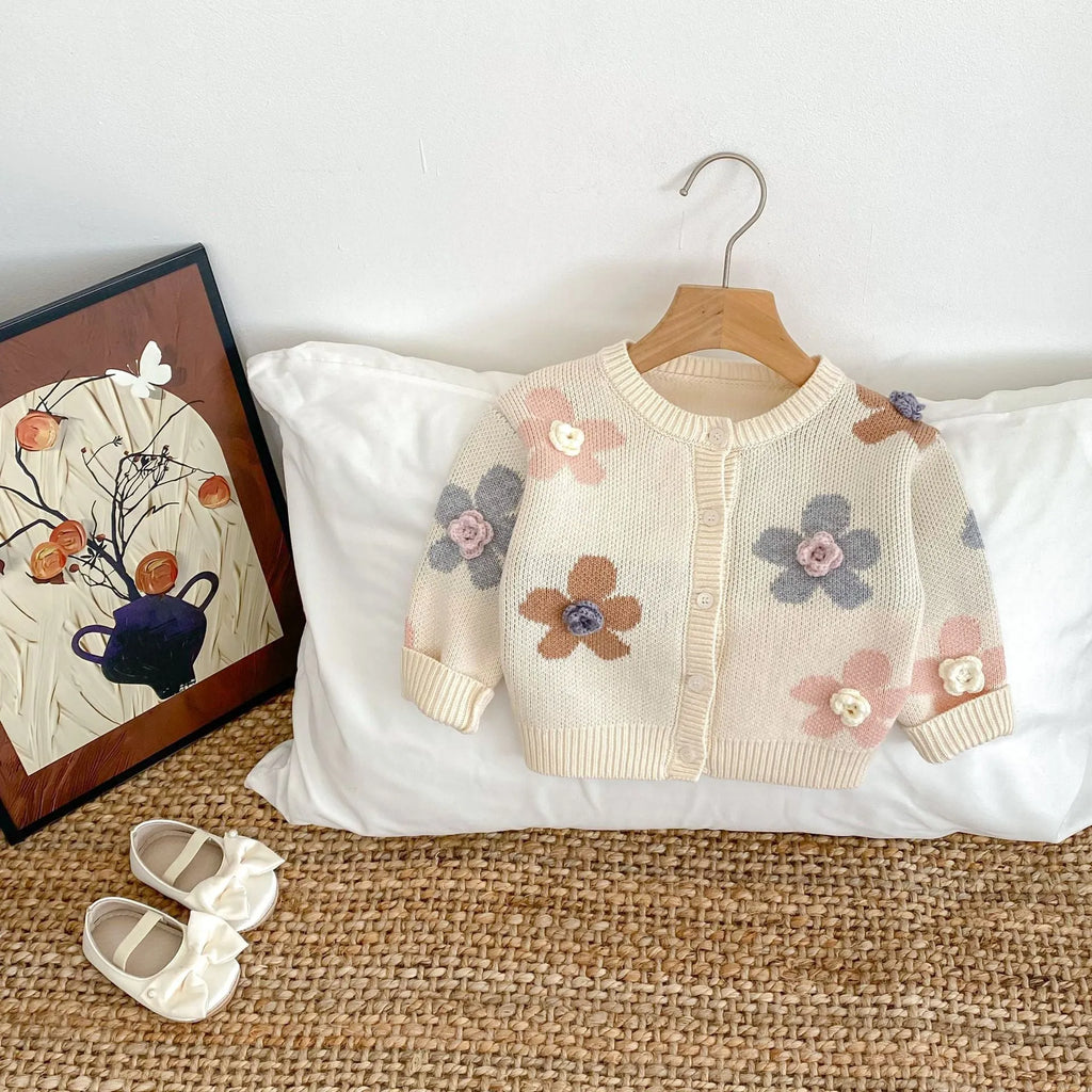 Hand crocheted flower jacquard round neck cardigan knitted coat for babies in milky white cotton fabric