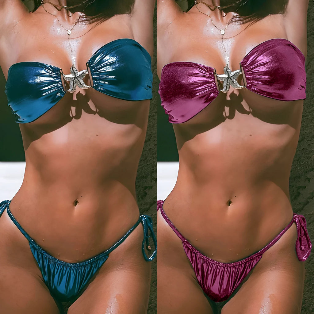 Women's tube top split bikini set in glossy fabric showing sapphire blue and pink colour options
