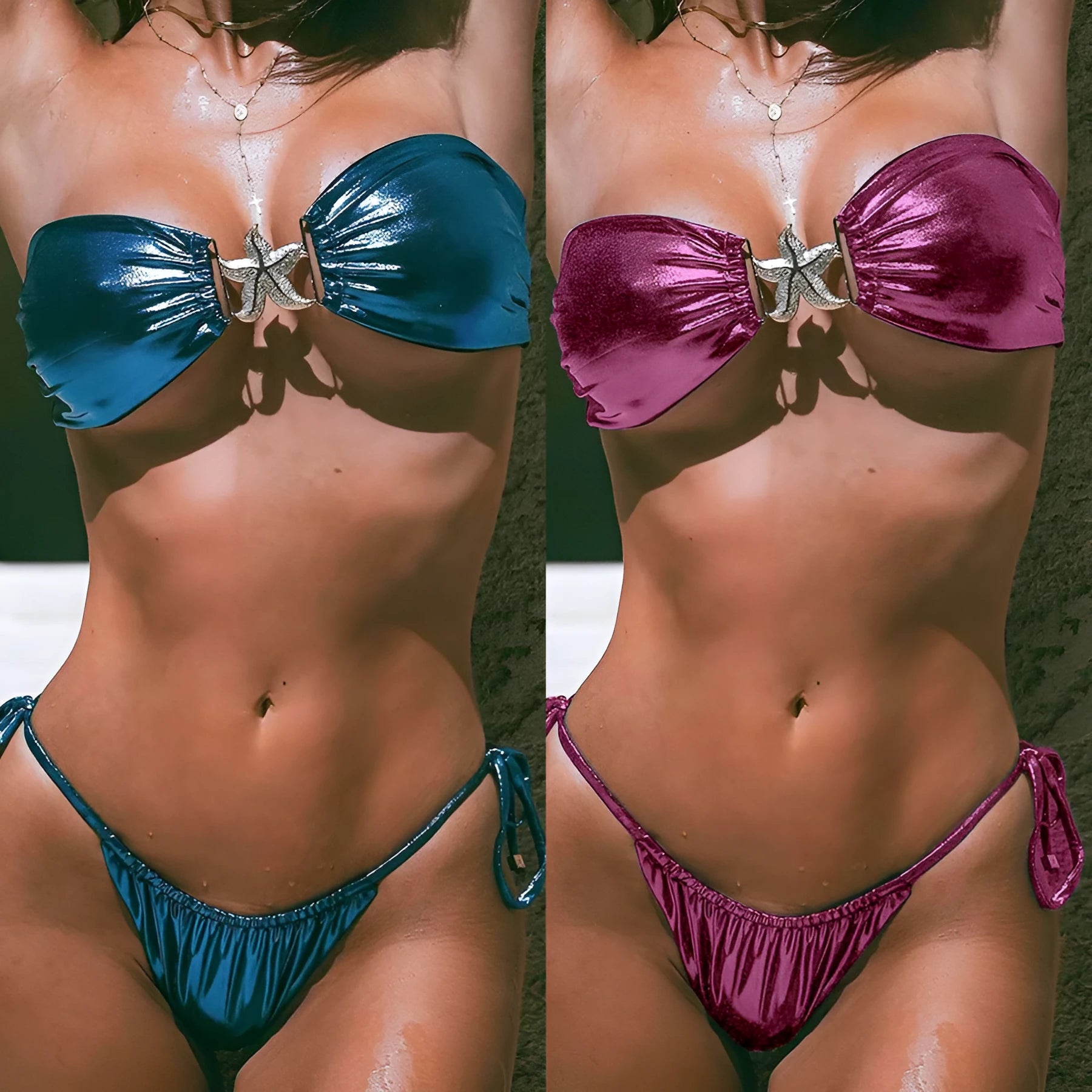 Women's tube top split bikini set in glossy fabric showing sapphire blue and pink colour options