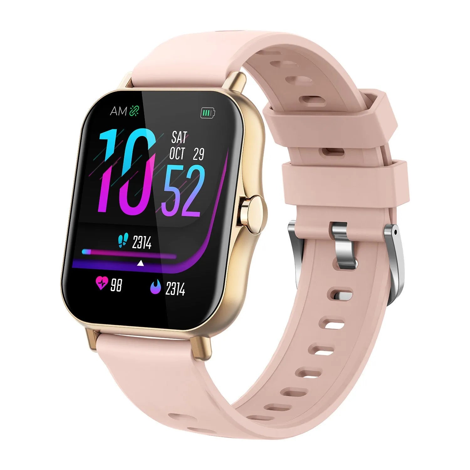 W10 Bluetooth smart watch for heart rate and blood pressure monitoring on a wrist, showing its curved touch screen.