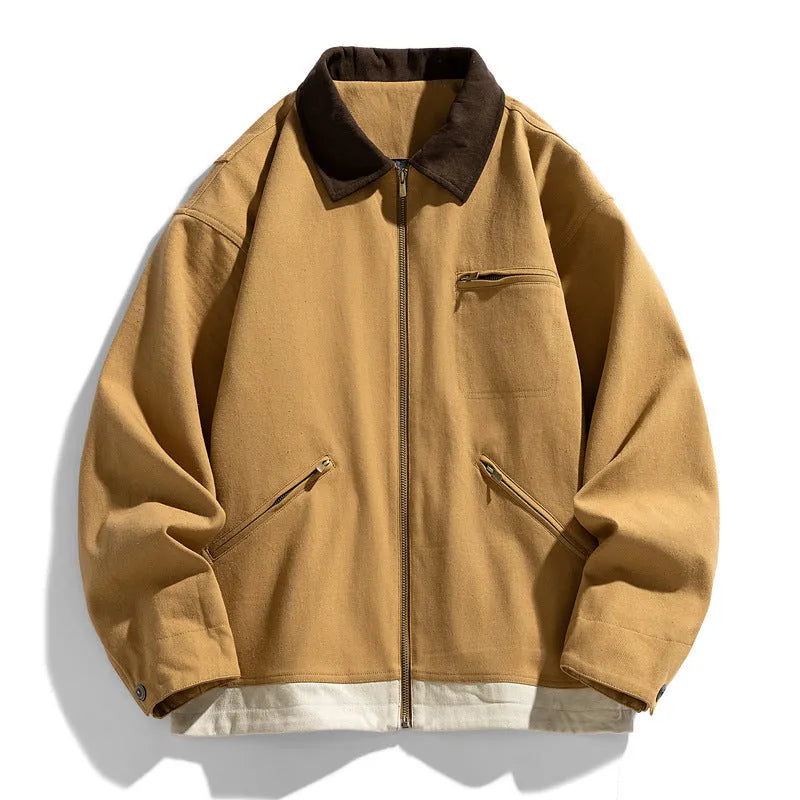 Men's Korean style loose fit casual jacket with contrast colour lapels in polyester fabric