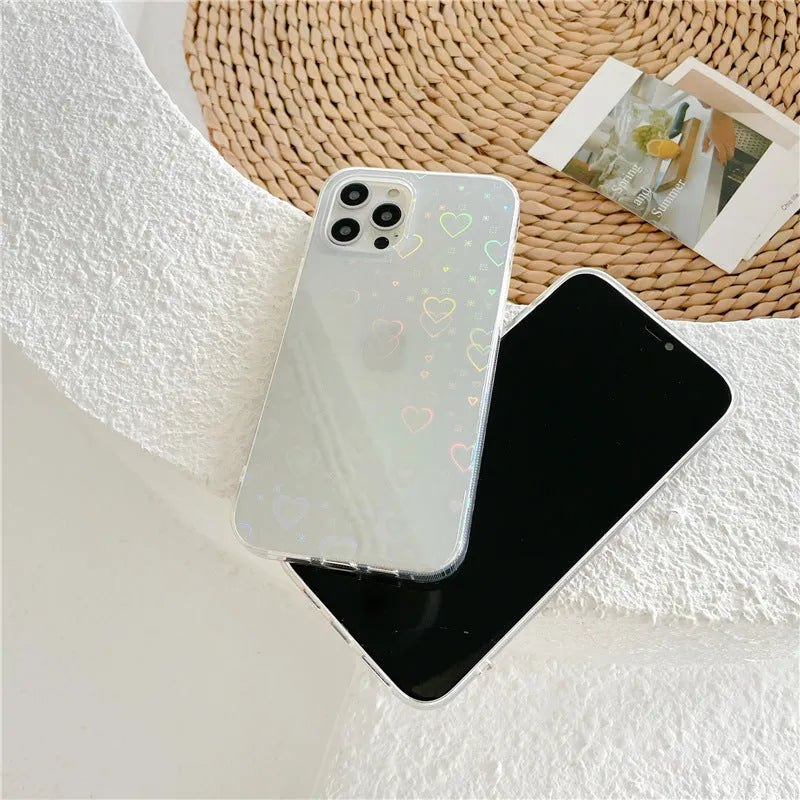 Transparent silicone iPhone case with a laser colourful love heart and butterfly pattern design.