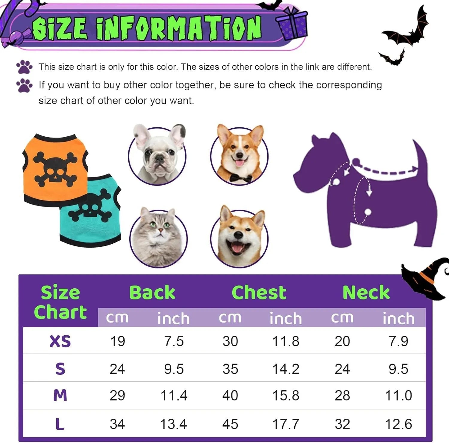 Halloween dog vest with skull bones pattern in blue, orange, purple colour options on small pet