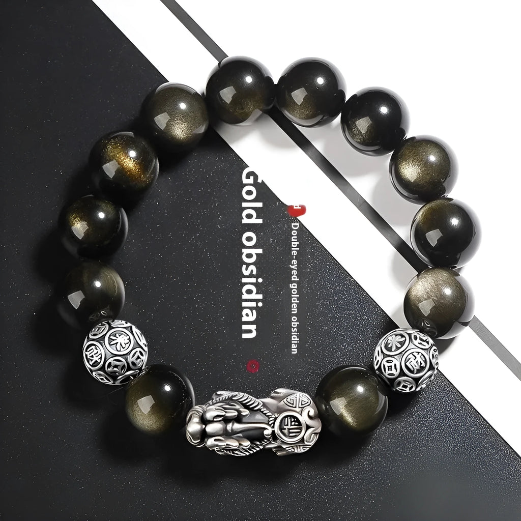 Men's geometric obsidian bracelet with leather-textured sterling silver details in 10mm, 12mm or 14mm sizes