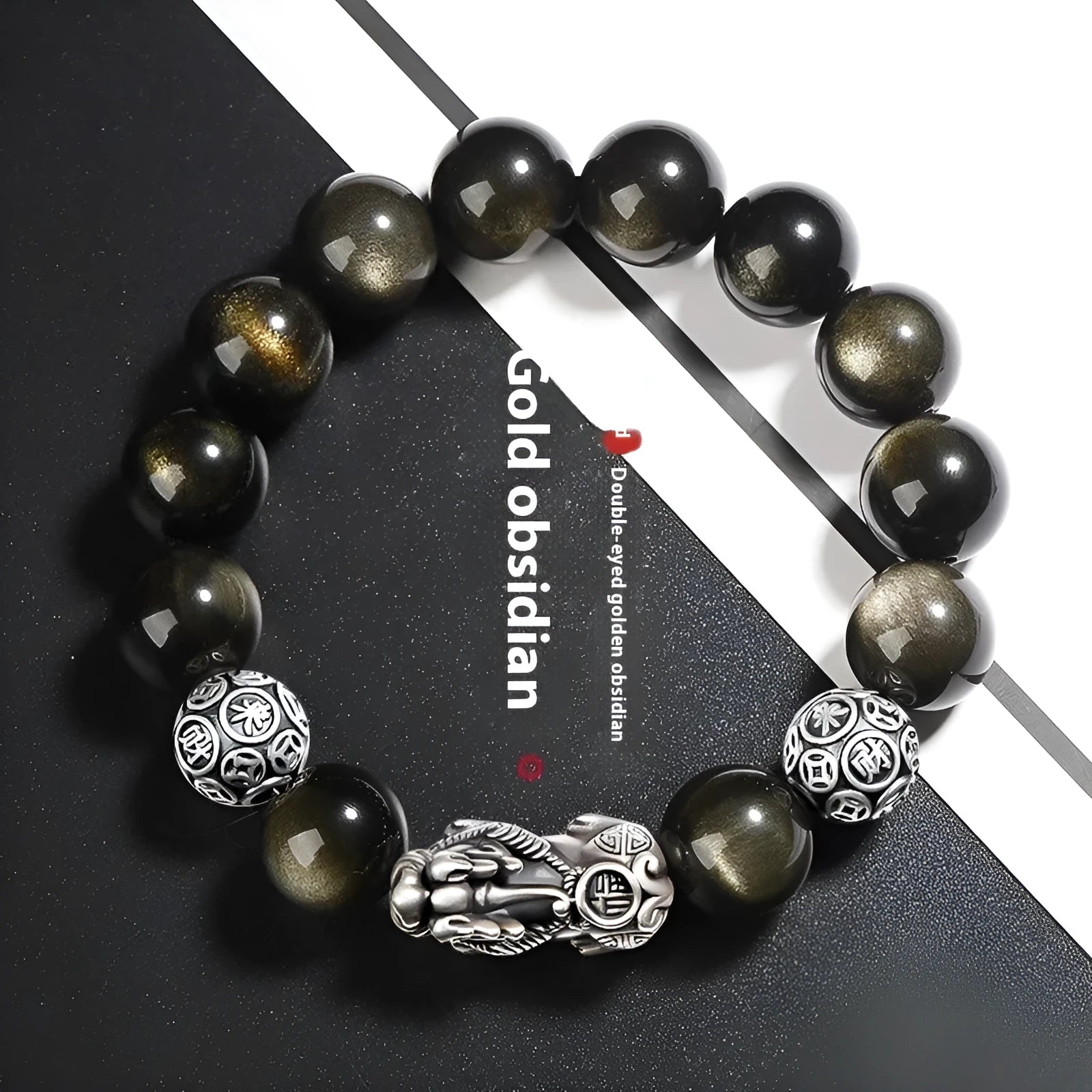 Men's geometric obsidian bracelet with leather-textured sterling silver details in 10mm, 12mm or 14mm sizes