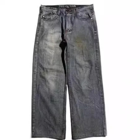 Men's grey washed-out straight-leg jeans with wide-leg workwear design.