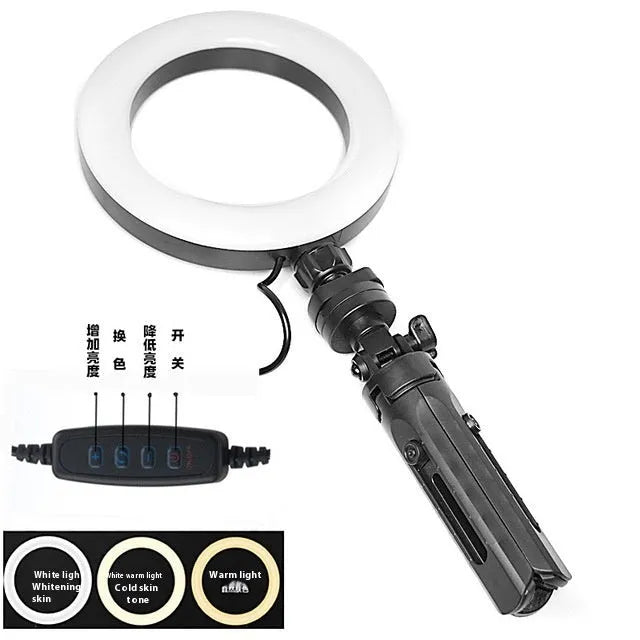 Black desktop mobile phone bracket with adjustable fill light on tripod for video recording