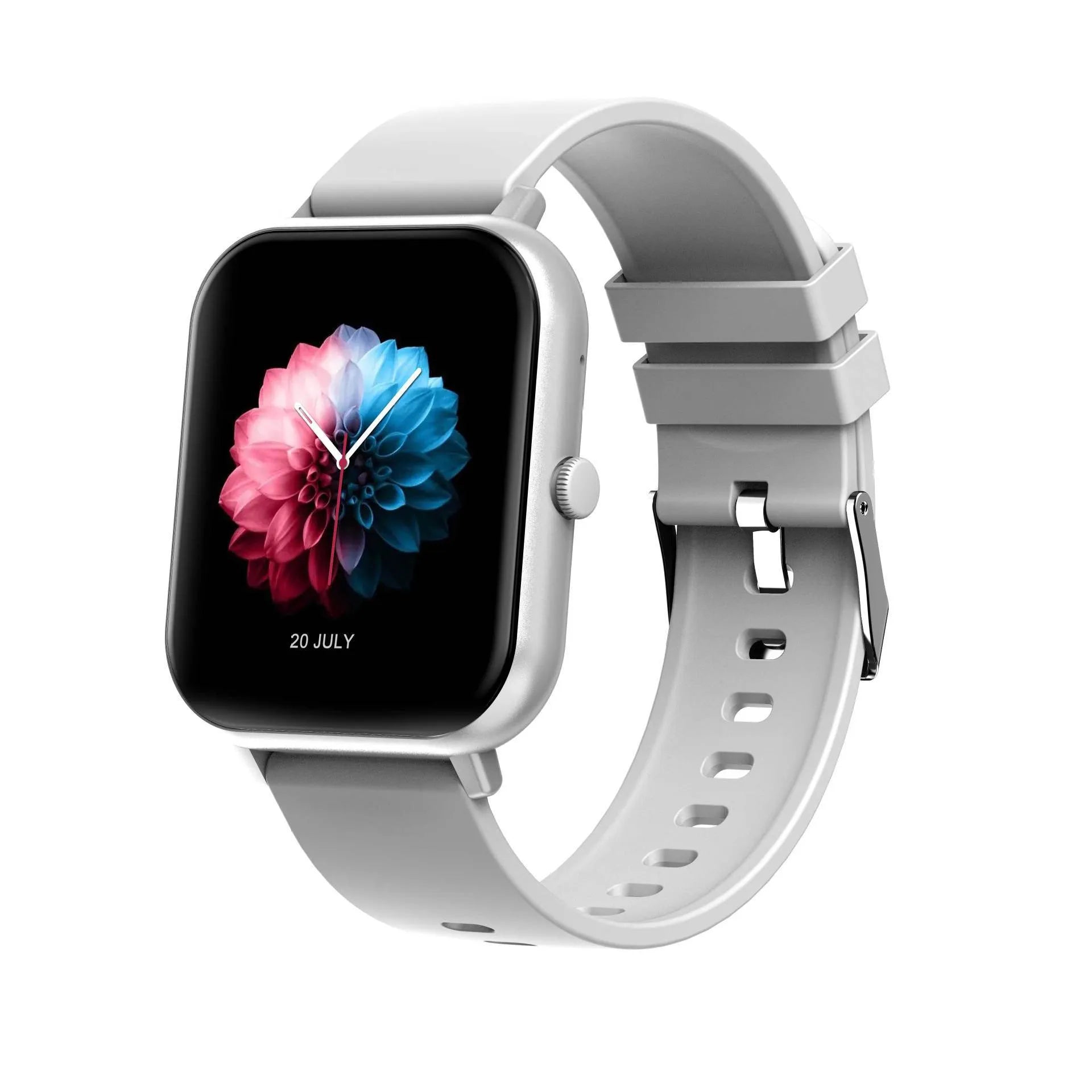 Bluetooth smart watch with heart rate monitor on wrist, shown in black, silver, pink, and khaki colour options.