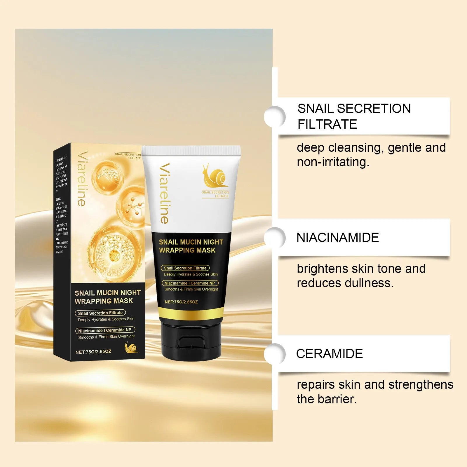 75g snail mucus gel facial mask with collagen and ceramide ingredients