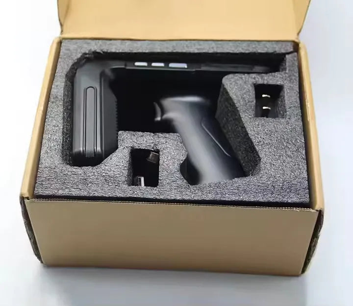 SLP-05 handheld Android UHF RFID reader scanner with touchscreen display and removable battery.