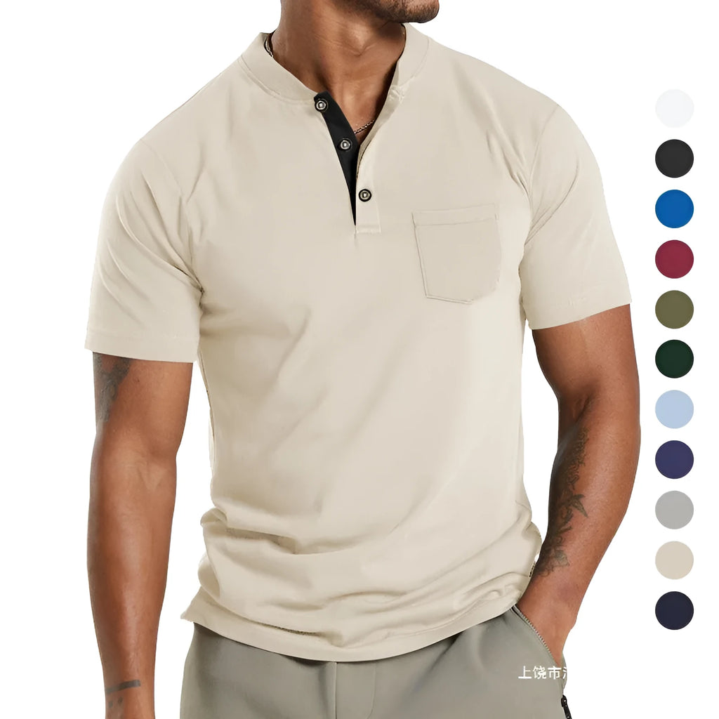 Plus size man wearing a solid colour short sleeve shirt with a buttoned chest pocket.
