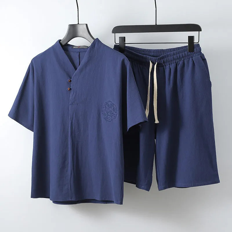 Men's loose fit cotton two-piece clothing set with short sleeve top and shorts in apricot colour