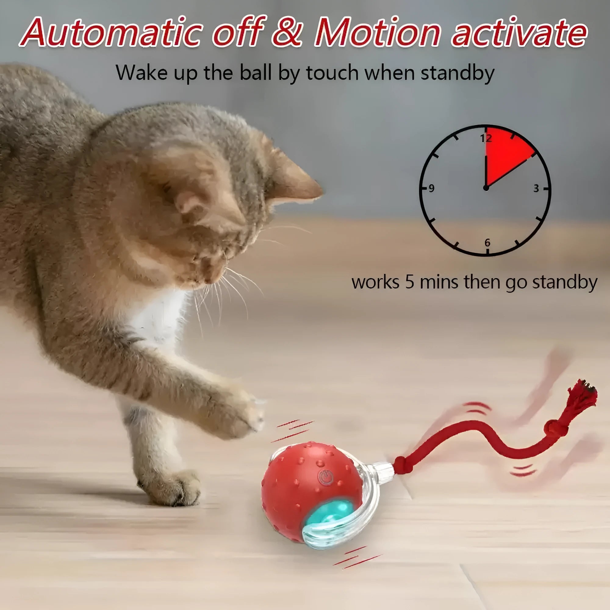 Interactive cat toy ball with feather tail and LED lights in red colour option