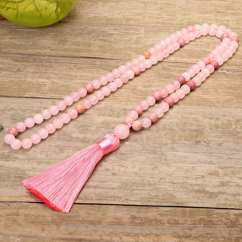 Adjustable stone bead yoga necklace and matching bracelet set with long fringe crystal drop pendant.