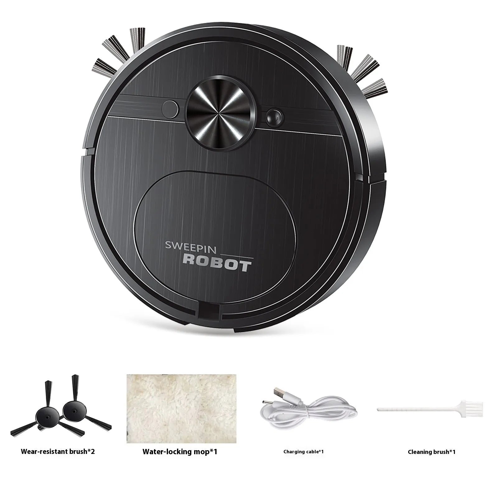 USB charging robot vacuum cleaner with automatic 3-in-1 cleaning functions in black or white colour.