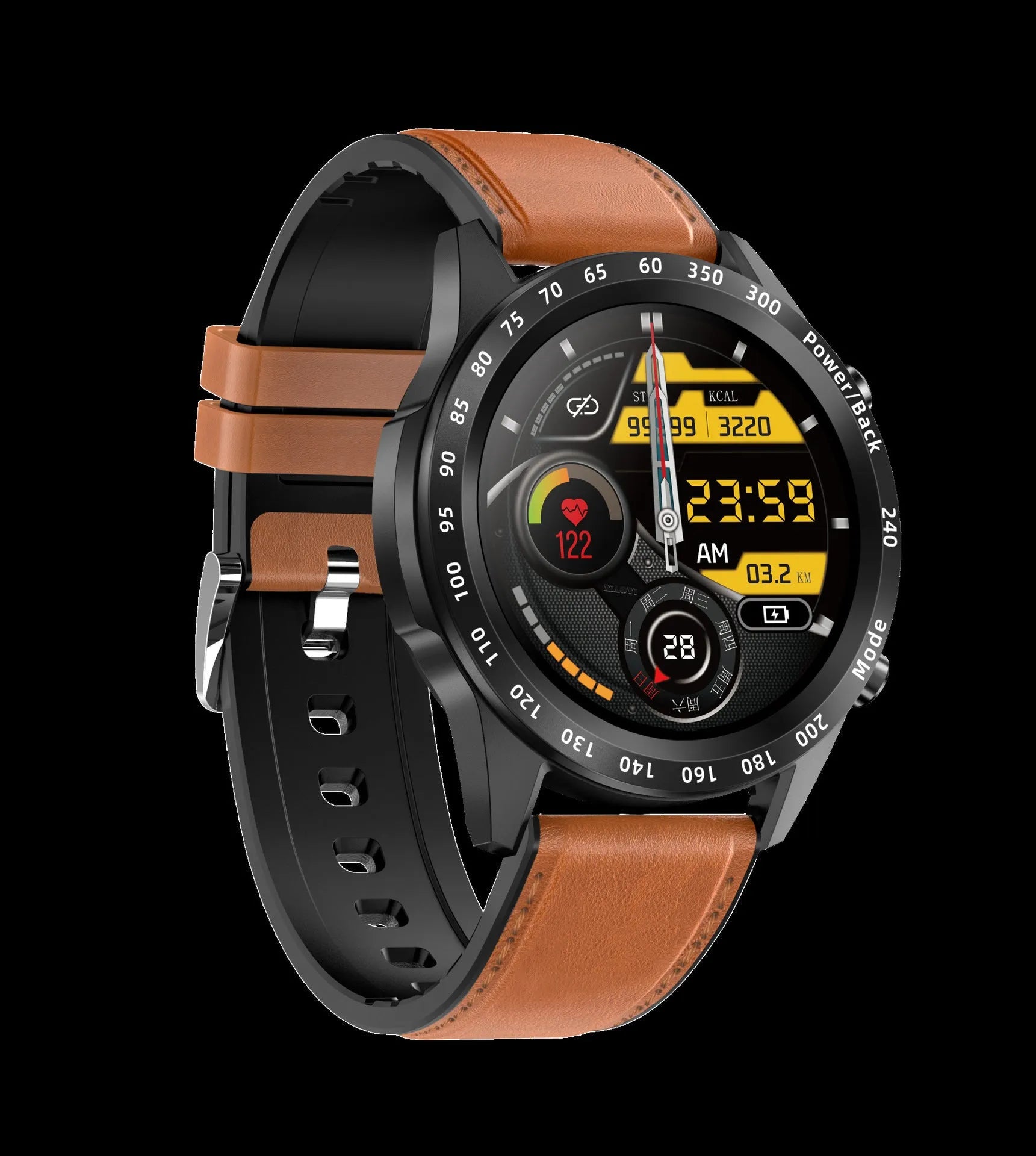 Zinc alloy Bluetooth smart watch with heart rate monitor on a leather strap showing its 1.3 inch touchscreen.